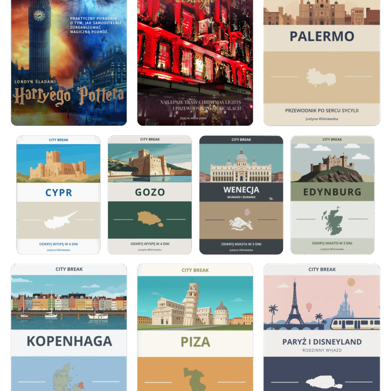 Okładki 10 przewodników po Europie: Londyn świątecznie i śladami Harry'ego Pottera, Edynburg, Piza, Palermo, Kopenhaga, Paryż i Disneyland, Cypr, Gozo,Wenecja