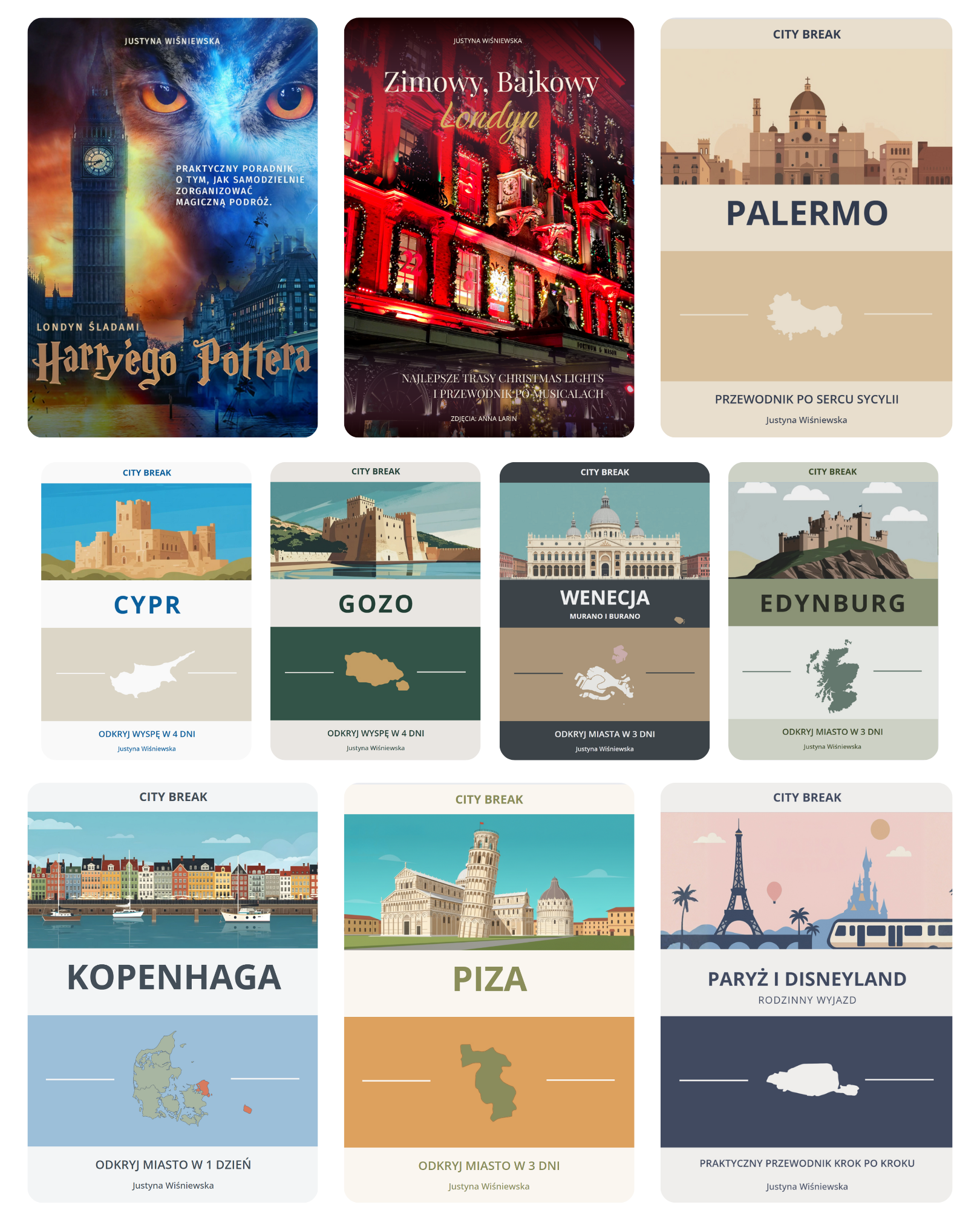 Okładki 10 przewodników po Europie: Londyn świątecznie i śladami Harry'ego Pottera, Edynburg, Piza, Palermo, Kopenhaga, Paryż i Disneyland, Cypr, Gozo,Wenecja